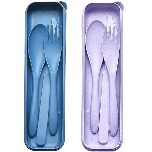 Couverts de Voyage avec Étui Réutilisable 2 Sets Ustensiles Portables Fourchette en Plastique Couteau Cuillère pour Camping Pique-nique Travail École Utilisation Quotidienne (Violet + Bleu Foncé)