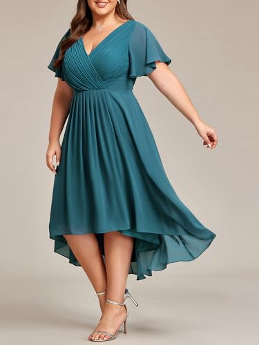 Image of Ever-Pretty Plus Summer Short Sleeves V-Neck Formal Wedding Guest Dresses for Curvy Women Chiffon Midi Cocktail Party Dress