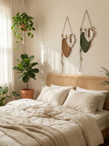 Image of JH Gallery Handmade Macrame Leaf Wall Hanging for Home Decor (Brown, Green, White) - Boho Cotton Leaf Tapestry, Macrame Wall Decor for Bedroom, Living Room & Balcony Decor.(Pack of 2)