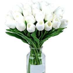 SITUMEIZI Fake Tulips 15pcs Real Touch PU Artificial Flower White | for Spring Kitchen Island and Dining Table Centerpieces, Wedding Bouquets, and Home Decor