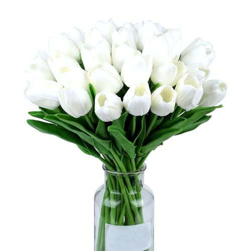 SITUMEIZI 15pcs White Flowers Artificial Tulips Fake Silk Flowers 14