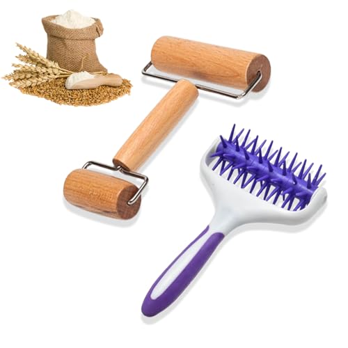 2 Pieces Pizza Pie Dough Roller Docker Set, Aulufft Plastic Dough Docker Pastry Roller with Spikes Wooden Rolling Pin for Pizza, Cookie, Pie, Pastry, Bread, Crust