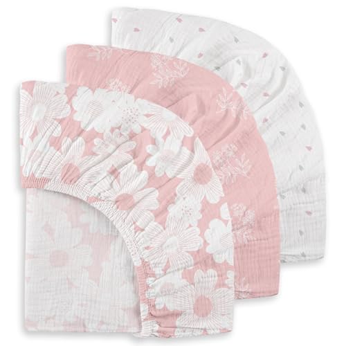 Image of Gllquen Baby Muslin Mini Crib Sheets 3 Pack, Breathable Pack and Play Sheets Fitted Soft Cozy Cotton Pack N Play Sheets for Baby Boy Girls, Universal Fitted Mini Crib Mattresses 38"x26" (Pink)