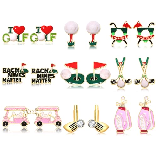 6/9 Pairs Golf Earrings for Women Golf Ball Bag Cart Dangle Earrings Enamel Golf Tee Club Stud Earrings Putting Green Earrings Sport Game Day Earrings Golf Jewelry Accessories Outfits Gifts
