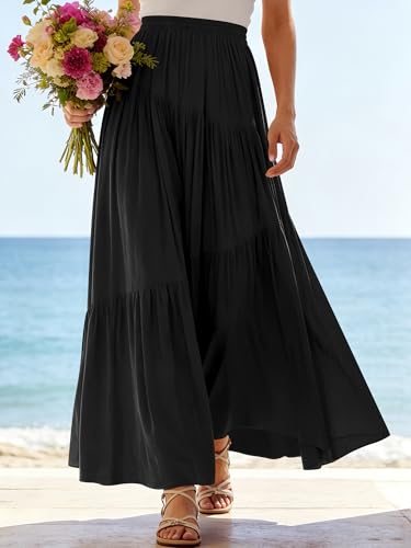 Image of ANRABESS Women's Boho Elastic High Waist Pleated A-Line Flowy Swing Asymmetric Tiered Maxi Long Skirt Dress with Pockets