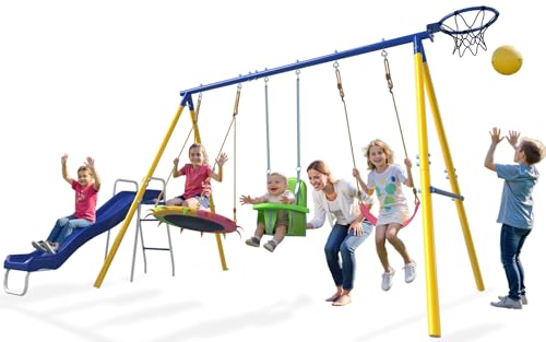 JYGOPLA Juegos de columpios de metal para patio trasero, juego de columpio 5 en 1 para niños con columpios de platillo, cinturón de seguridad infantil y aro de baloncesto para edades de 3 a 12 años