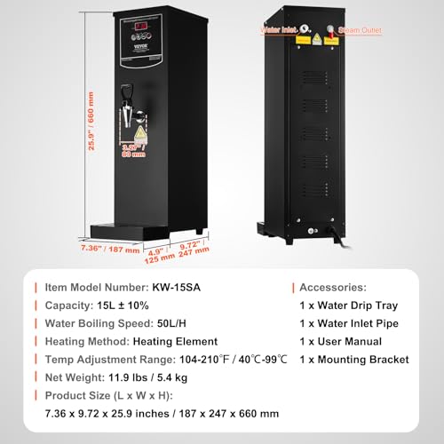 VEVOR Commercial Water Boiler, 15L Electric Hot Water Dispenser with 316 Stainless Steel Heating Tube, 1500W Step-by-step Fast Heating 50L/H Hot Water Boiler, for Coffee Tea Restaurant Office by VEVOR - Image 7