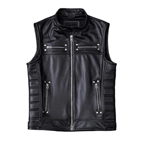 Men's Genuine Leather Vest Motorcycle Biker Stand Collar Sleeveless Jacket Zipper Waistcoat