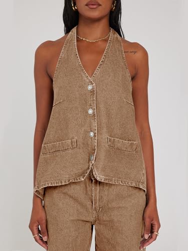Image of Tankaneo Womens Halter Denim Vest Tops Summer Sleeveless Open Back Y2K Going Out Jean Tank Tops V Neck Button Up Waistcoat