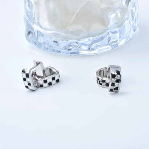 Generic Hoop Earrings for Women Trendy - Checkered Earrings Dainty Silver Earrings White Black Enamel Minimalist Hoops Cubic Zirconia Huggie Earrings Gift for Girls Teens4