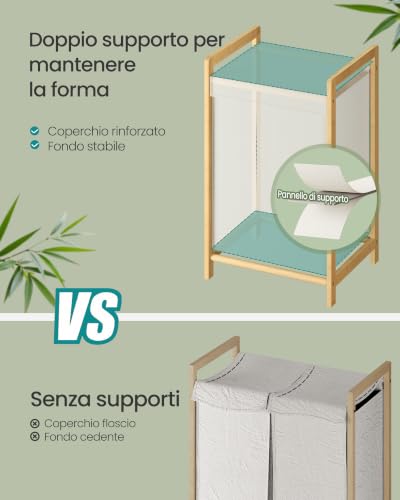 SONGMICS Cesto Portabiancheria 100 L, in Bambù, 2 Scomparti - Immagine 5