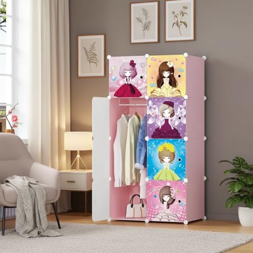 Image of KRISHYAM Kids Modular Storage Cabinet with Cartoon Princess Print Doors, 8 Cube Plastic Wardrobe Organizer, DIY Closet System with Hanging Rod, Toy & Clothes Storage (Baby Print, 8 Box)