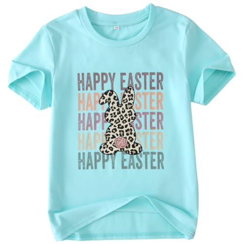 Image of Kid Girls Easter Shirts Happy Easter T-Shirt Funny Leopard Bunny Outfit Short Sleeve Tees Tops Holiday Clothes 7-12Y
