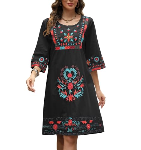 Image of Higustar Mexican Embroidered Dress Summer Cotton Bohemian Flower Peasant Traditional Mexico Fiesta Boho Dresses for Women