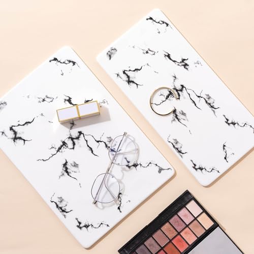 QTTCMY 2 Tier Bathroom Cabinet Countertop Organizer Perfume Lipstick Makeup Organizer Cosmetics Storage Display Rack Vanity Tray Metal Dresser Storage Shelf White Marble Ceramic Tray Black by QTTCMY - Image 4