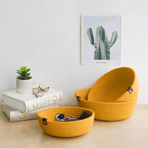 Image of Handmade Jute Cotton Storage Baskets Set of 3 for Dining Table, Fruit Basket & Roti Bowl, Cane Style Organizer for Kitchen, Home Decor, Washable Multipurpose (Mustard)
