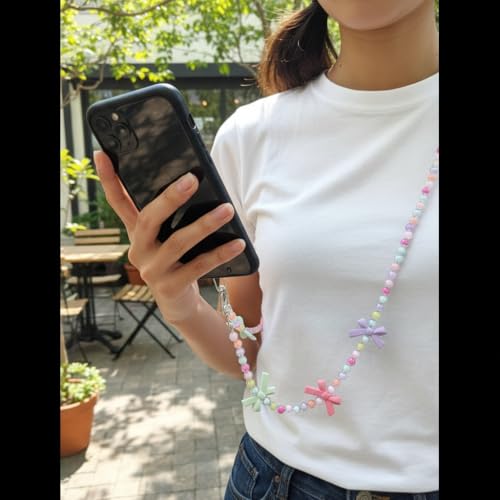 Image of KHOLAD White Bow Phone Chain Crossbody Pearl Strap | 2in1 Wrist & Shouler Crossbody Lanyard | Pearl Beads Charms Chain with Phone Tether Patches | Compatible with Most Phones, Bag, Purse