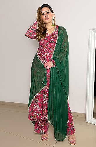 Janasya Indian Women's Flowy Floral Printed Kurta Kurti Top Tunic Festive Wedding Party wear Kurta with Pant and Dupatta3