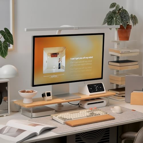 Image of Bamboo Monitor Stand Riser with Acrylic Legs for Desk, 31.5 Inches Desktop Shelf Supports for PC Computer Monitor, Laptops, Printer, Speakers (Natural)