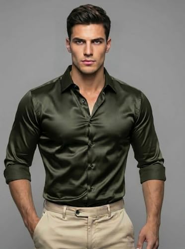 Image of Diverse Men's Satin Casual Shirt | Premium Solid Poly Satin | Wrinkle-Free, Full Sleeve Regular Fit Office, Business Wear