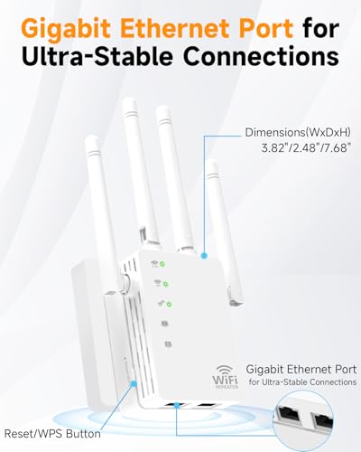 Image of WiFi Extender Signal Booster, WiFi Extender, WiFi Booster for Home 1200Mbps | High-speed 1200Mbps dual-band WiFi, 12880 sq.ft coverage, 105 devices, 4 antennas, 2 Ethernet ports, easy setup