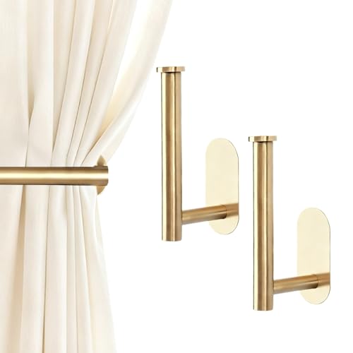 Curtain Holdbacks 2 Pack Adhesive No-Drill Hooks Damage-Free Wall-Mounted with Strong Reusable Glue for Drapes (gold)