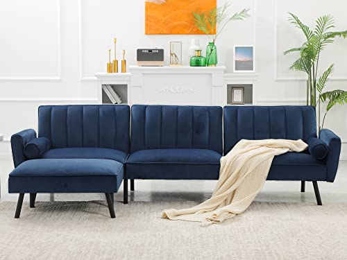 Duraspace Velvet Sectional Convertible Sofa With Chaise, 107" L Shape Sectional Sofa Couch With Usb, Split Back Folding Futon Couches For Living Room (Blue) #TOP6