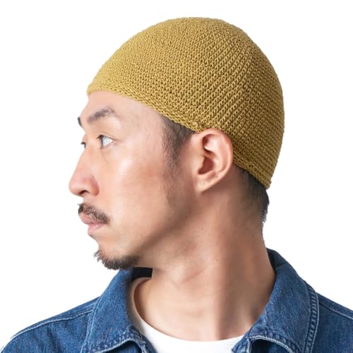 CHARM Herren Mütze Short Beanie - Strick Kopfbedeckung Skull Cap Kufi Muslim Takke Islam Namaz in 2 Größen Gelb Beige