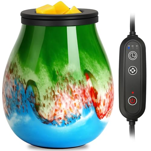 Wax Melts Warmer with Timer-Art Glass Wax Warmer for Scented Wax Electric Candle Warmer with 7 Colors LED Light, Removable Silicone Dish Wax Melter fo