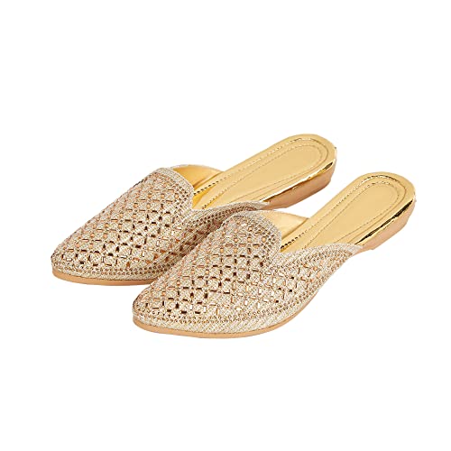 Image of Bellies for Women |Slip on Juttis Soft Padded |Stonework Mules for Ladies| Sparkling Upper |Back Open Casual Flats| Stylish Footwear Sandals for Ladies|Punjabi Mojari Half Shoes