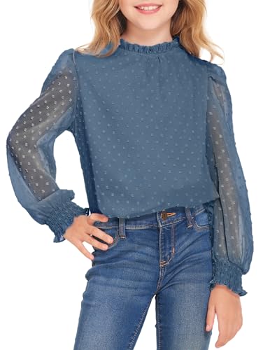 Image of Arshiner Girls Long Sleeve Shirts Chiffon Blouses Swiss Dot Frill Neck Top