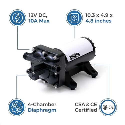 Image of SHURFLO 4048-153-E75 High Flow RV Fresh Water Pump, 12V Demand Diaphragm Pump, 4.0 GPM, 55 PSI, Self Priming, Run Dry Capability, Thermal Protection, Includes Strainer and Hose Fittings