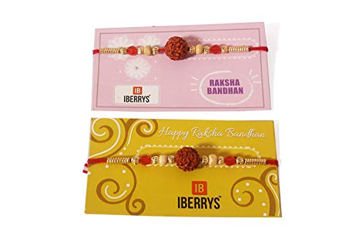 Image of iberry's Rakhi Gift Pack with Set of 2 Rudraksh Rakhi, Greeting Card and Roli Chawal for Brother| rakhi for brother with Branded Packaging