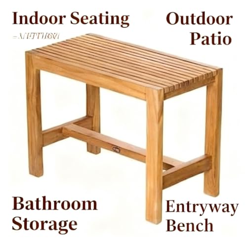 Image of Wooden Shower Bench, Natural Teak, Slatted Top Design, Bathroom Stool with Storage Shelf