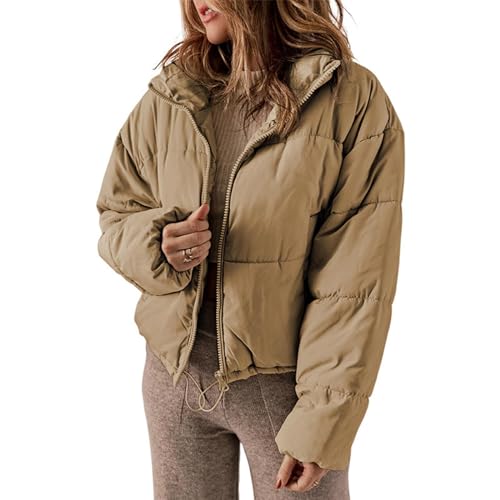 ZYKEJJDDAK Abrigos de invierno para mujer, chaquetas de manga larga con cremallera, cuello alto, bolsillos, holgadas, cortas y cálidas, chaquetas acolchadas