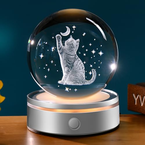 ZRENJHUS Cat Gifts for Women 3D Crystal Ball Themed Gifts for Cat Lover Gift for Her Mom Kitten Globe with 12 Modes Lighting Base Gift for Mothers Day Christmas Birthday