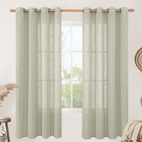 Image of LAMIT Sage Grey Linen Curtains 72 Inch for Living Room 2 Panels, Linen Textured Light Filtering Semi Sheer Bronze Grommet Privacy Panels for Bedroom /Farmhouse, 52 x 72 Inch