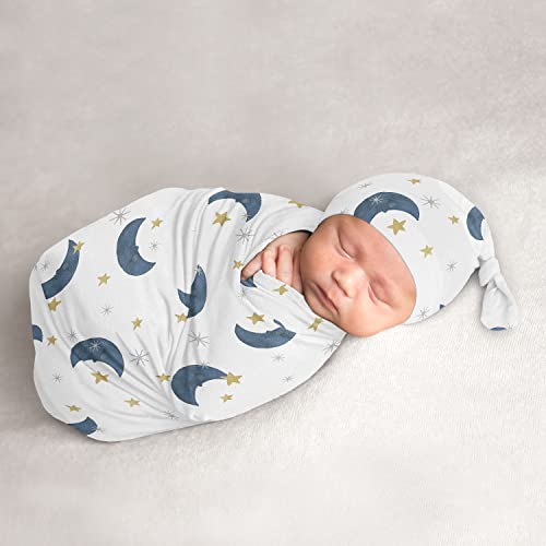 Image of Sweet Jojo Designs Moon Star Baby Boy Girl Cocoon and Beanie Hat Set Jersey Stretch Knit Sleeping Bag Infant Newborn Nursery Sleep Wrap Sack - Navy Blue Gold Watercolor Celestial Sky Gender Neutral