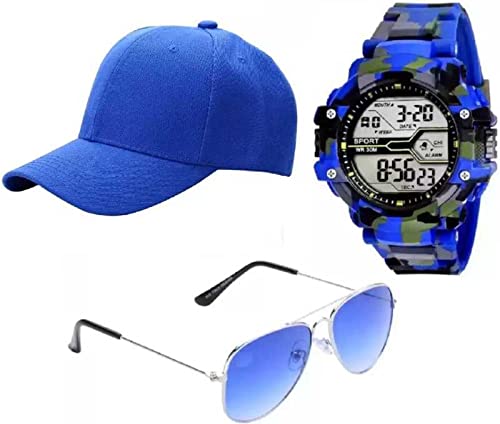 GOOD STUFF Solid, Self Design, Embroidered Solid Embroidered Caps Wonderful Matching Combo You Like New Look for Boys Cap, Sunglsses, Watch (Pack of 3) GS-408 Blue
