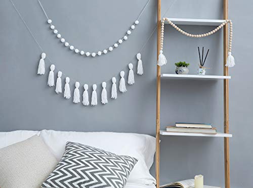 Dahey Wood Bead Garland with Tassels Banner Pom Pom Balls Garlands Decorative Wall Hanging for Boho Home Decor, Baby Shower, Nursery Room, Wedding, Birthday Christmas Party Decorations, 3 Pack