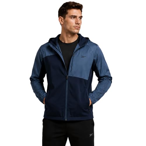 Image of Reebok Mens Softshell Jacket - Lightweight Fleece Mens Jacket with Hood - Weather Resistant Zip Up Windbreaker Coats for Men