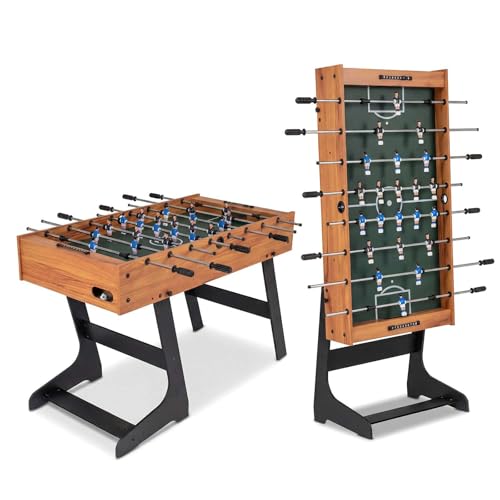 Costway Folding Foosball Table, 48” Competition-Sized Soccer Table with 2 Balls & Slide Scorers, 22 Players, Space-Saving Indoor Soccer Game Table Set for Family Night, Party, Kids & Adults (Natural)
