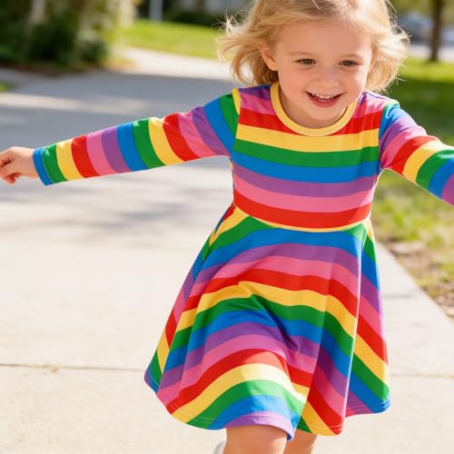 Image of Tkria Toddler Girls Rainbow Dress Striped Fall Dress Cartoon Colourful Long Sleeve Casual Dressy 2-7T