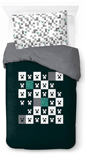 Jay Franco Minecraft Creeper Ensemble de Couette Simple à Carreaux 100% Coton - Parure de Lit Enfant Housse de Couette Coton - Taie d'oreiller 50 x 70 cm...