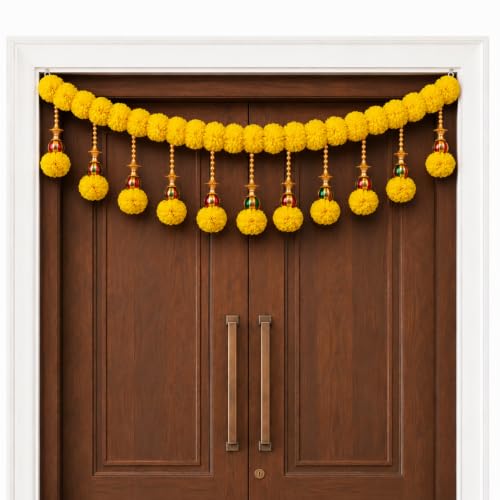 Image of SMIZZY Artificial Marigold Flower Toran for Main Door Entrance, Traditional Bandarwal Door Hanging with Decorative Beads & Tassels for Diwali Pooja Wedding Housewarming & Festival Decoration 44 Inches