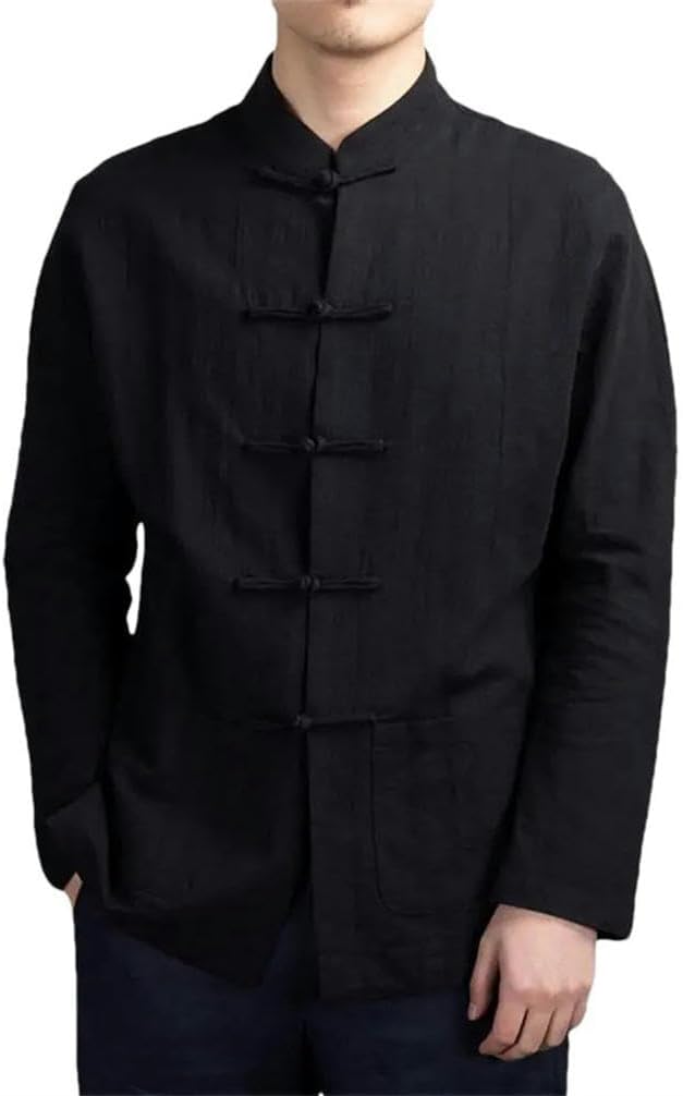 Chinese Style Solid Color kung fu Stand Collar Shirt Chinese Style Tunic Men's top Buttoned Long Sleeve Tang Suit