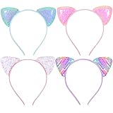 4PCS Sequin Cat Ear Headbands, Reversible Sequin Cat Ears Headband Glitter Sparkly Cat Hairbands for Party Decoration & Daily Wearing Halloween Hair Accessories Cosplay for Women (Multicolor)
