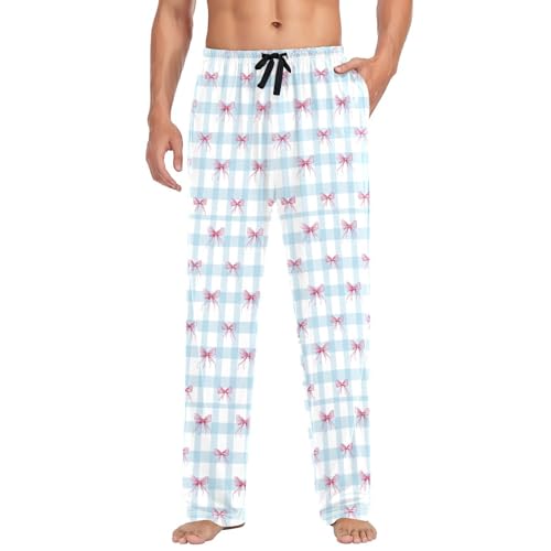 Men's Pink Ribbons Bows Pajama Pants with Pockets - Straight Fit Cotton Sleep Bottoms for Lounge & Nightwear#563