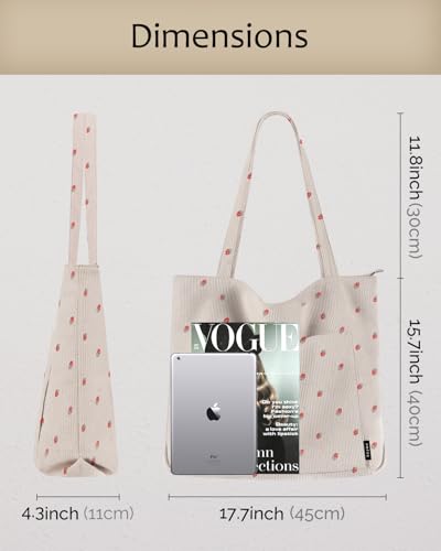 Image of Prite Corduroy Tote Bag for Women Large Shoulder Bag with Zipper and Pockets for College School Work Travel Shopping