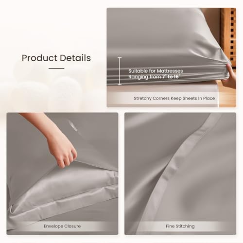 THXSILK Silk Sheet Set 4Pcs, 6A+ Top Grade 100% Natural Mulberry Silk Bed Sheets Smooth Cooling Luxury Bedding Sets Ultra Soft Durable, 1 Fitted Sheet, 1 Flat Sheet and 2 Pillow Shams (Queen, Grey) - Image 7
